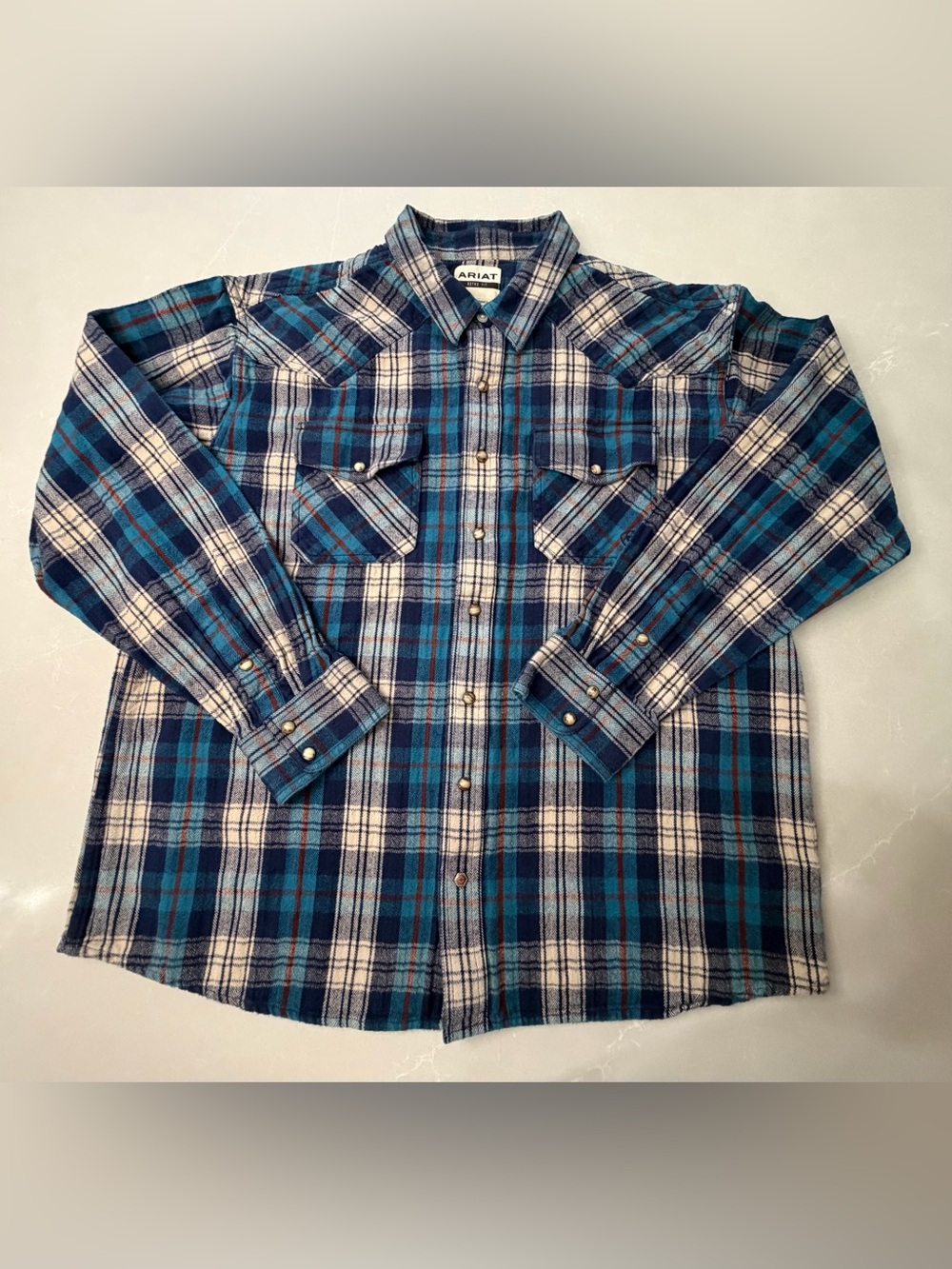 Ariat Retro Fit Huntleigh Flannel Pearl Snap Western Plaid Shirt Blue 2XL